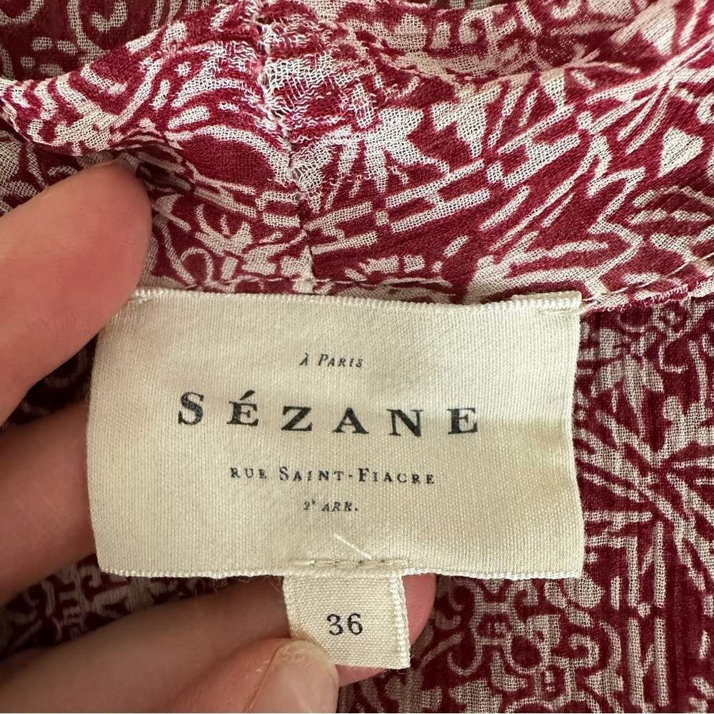 SEZANE Abélia Wrap Around Mosaic Ecru Print Burgundy Blouse Size 4 - Picture 14 of 17